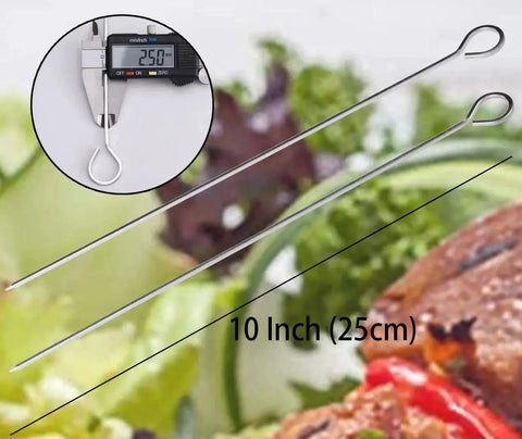 10 Inch Stainless Steel Square BBQ Skewers Set 12 Pack with ring tip handles shown on top of grilled food and veggies