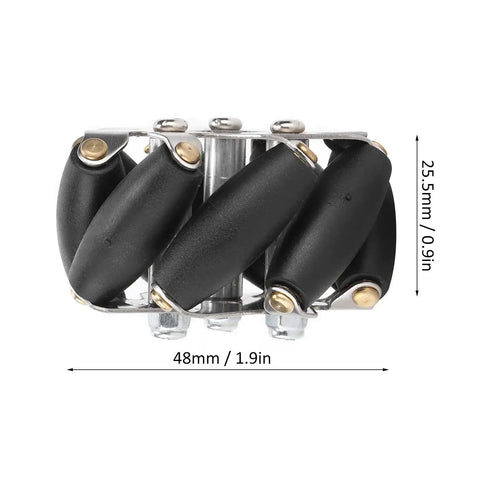 Side view of 4 Pieces 48mm Steel Mecanum Wheel Set for Robot Car, showing the 8 roller design with dimensions visible.