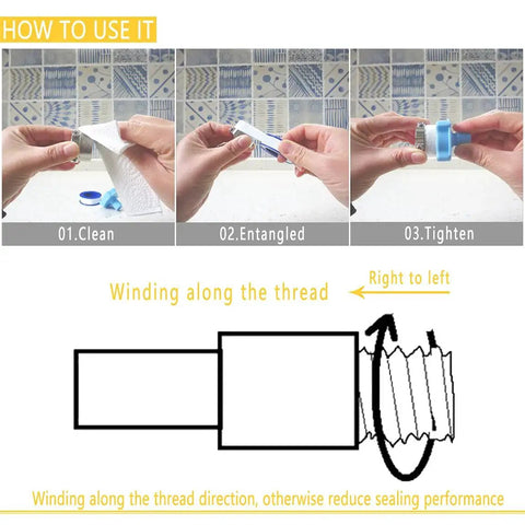 Step-by-step guide for using 4 Rolls PTFE Thread Seal Tape Half Inch By 520 Inches Long For Plumbing White with diagram.