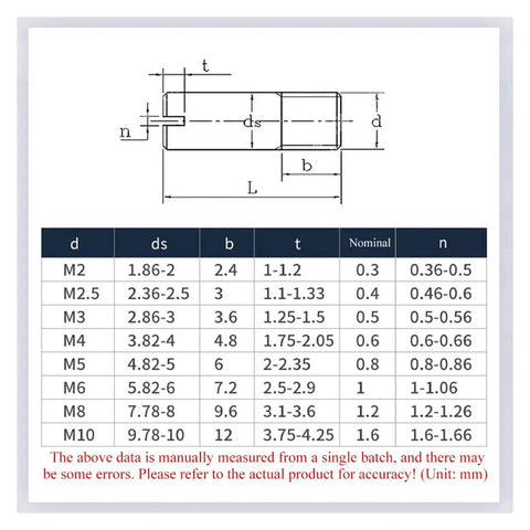 Diagram and table of Stainless Steel Slotted Cylindrical Pin Dowel Set, 5 Pcs, Threaded Male Locating Pins M2 To M8, 14mm Diameter, 5 To 50mm Length, 304 Grade.