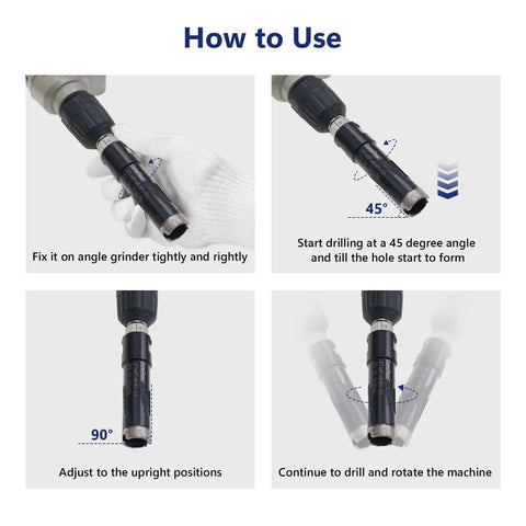Instructions for using Diamond Core Drill Bit For Hard Stone Concrete Granite Marble 1 Inch Dry Or Wet Use With Laser Welded Turbo Segments 5 8 11 Thread 25mm Diameter And 100mm Total Length 10mm Segment Height shown on angle grinder.