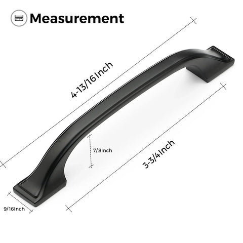 Three Pack Matte Black Cabinet Pulls Three And Three Quarters Inch Modern Arch Handles with measurement dimensions shown.