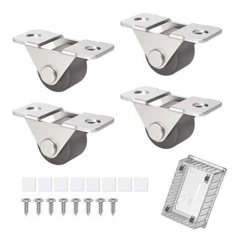 0.5 Inch Mini Low Profile Caster Wheels With Self Adhesive Steel Plate Quiet Rubber Rolling Wheels For Small Kitchen Appliances Drawer Or Storage Box Tiny DIY Projects Brown 4 Pcs Set, shown with screws and adhesive pads