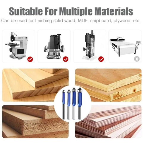 Four Piece Flush Trim Router Bit Set with One Quarter Inch Shank and Top Bearing for smooth finishing on wood and MDF