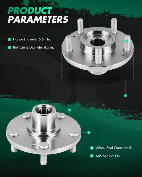 Front Wheel Hub Assembly 2 Pack That Fits Hyundai Elantra 2011 2012 Veloster 2012 Kia Forte5 Forte 2014 2018 Forte Koup 2014 2016 5 Lug, shown with bolt and hub dimensions.