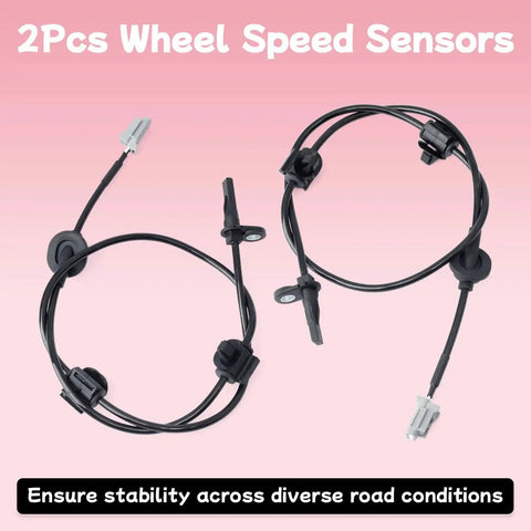 Front view of two wheel speed sensors with gray connectors for Subaru Outback ABS, front left and right.