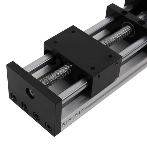 Close-up of a 100 200 300mm GGP Ball Screw Linear Actuator with Nema 23 Stepper Motor and CNC Linear Guide Slide, showing ball screw and slide.