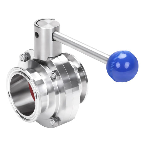 Sanitary butterfly valve, 2-inch tri-clamp, stainless steel 304, blue pull-handle knob