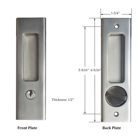 Sliding Door Lock With Invisible Recessed Handle And Latch, Includes Keys, For Pocket Doors And Barn Wood Doors, Interior Privacy Furniture Hardware In Silver Finish, front and back plates shown