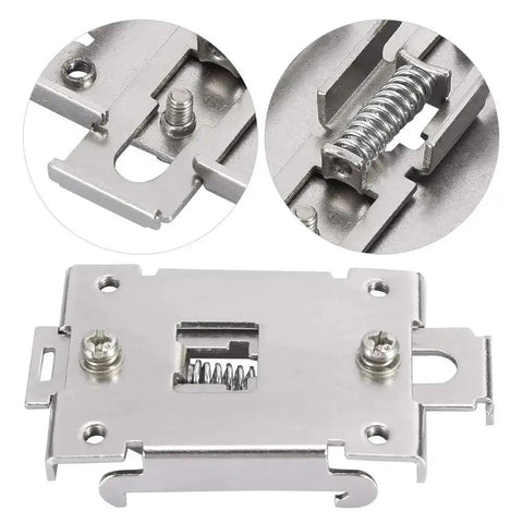 Close-up of 35mm Din Rail Mounting Clip Kit Stainless Steel Heavy Duty Fixed Bracket for SSR Relays, contactors, circuit breakers.