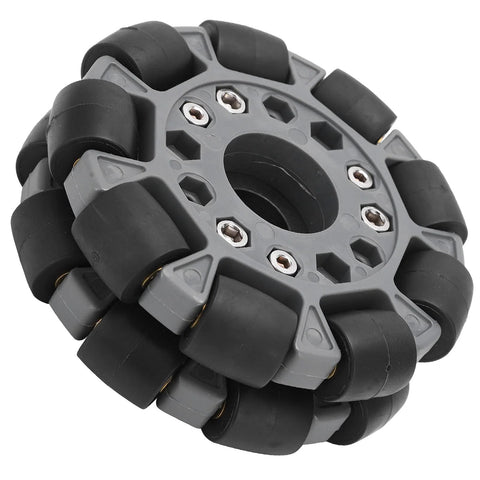 Close-up of 100mm Double Plastic Omnidirectional Wheel For Robots With 20Kg Load Capacity, showing rubber rollers and durable design.