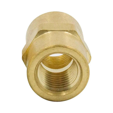 Front view of Brass 1/8 Inch NPT Female To Female Straight Pipe Coupling Fitting, showing 1/8" threads and brass construction.