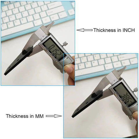 Digital caliper measuring Eight Pack 10 Series Aluminum Extrusion Corner Brackets 90 Degree Right Angle L Connectors with unit display.