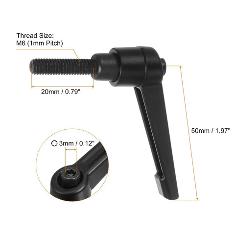 Side view of Six Piece Adjustable Clamping Lever Handles M6 20mm Male Thread Bolts, black aluminum, showing dimensions and design.