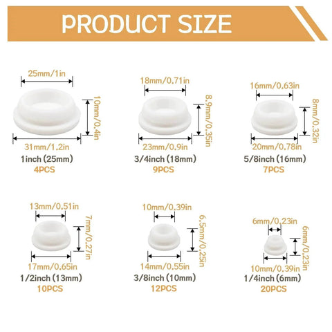 62Pcs Silicone Hole Plugs Set in 6 Sizes White Round Rubber Plugs With Snap Locking, size chart display