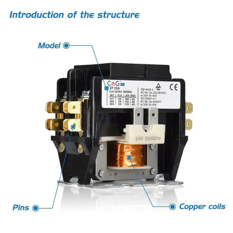 Two Pole 30 Amp 24 Volt HVAC Contactor For Condenser And Compressor 24VAC Coil 600 Volt Ready Durable Flame Retardant Housing
