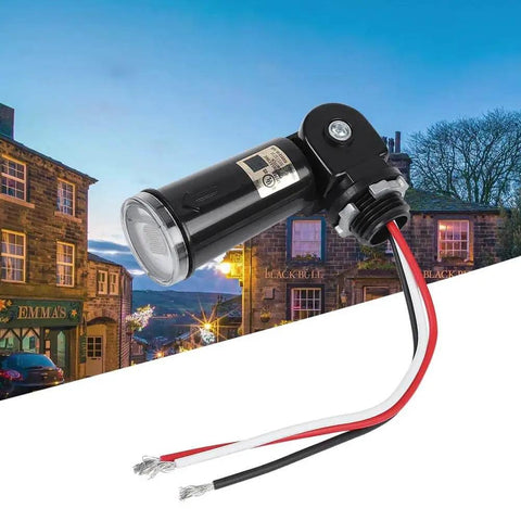 Automatic Dusk To Dawn Photoelectric Switch With Outdoor Light Sensor for 120V Fixtures, shown with swivel mount and wires