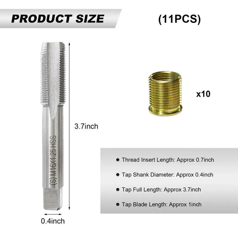 11 Piece Spark Plug Thread Repair Kit With M14x1.25 And M16x1.25 Inserts Stainless Steel Rethread Tool Set dimensions