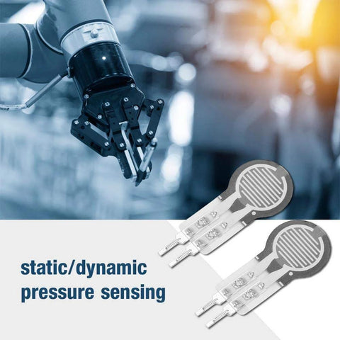 2 pcs DF9-16 thin-film pressure sensors for force sensing resistor (FSR), 20g-2kg, shown with robotic gripper.