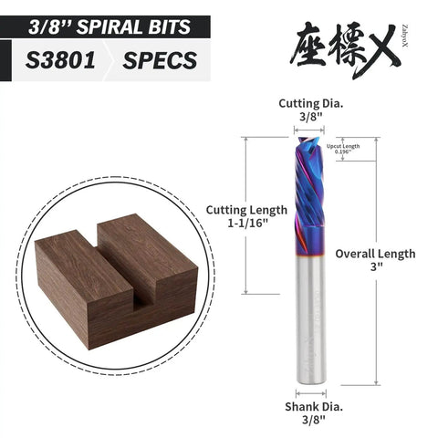 Compression Spiral CNC Router Bit 5 Pack Set With NACO Coated Solid Carbide End Mills, 3/8 Inch Cutting Diameter, product diagram