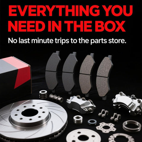 Brake kit components including rotors, pads, and calipers, arranged in front of a red and black box with text overlay.