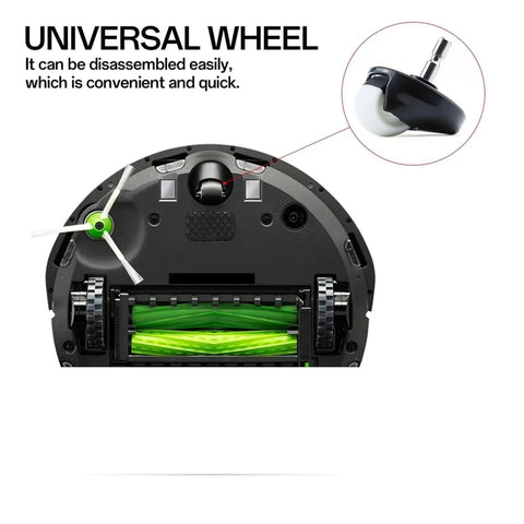 Rear view of Roomba vacuum with focus on front wheel caster assembly for Roomba Vacuum Cleaners 500 600 700 Series and I7 E5 E6.