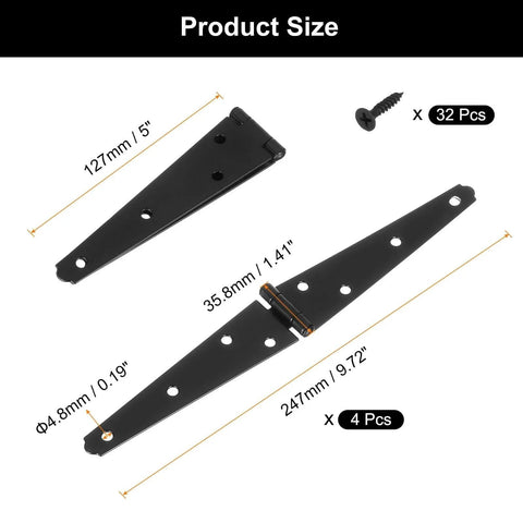 Illustration of 4 Pieces Strap Hinges 5 Inch Heavy Duty Gate Hinge With Screws for Wooden Fences Yard Doors Barn Gates, showing dimensions.