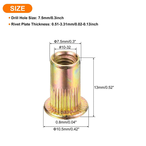 Flat Head Rivet Nut Set Of Fifty Carbon Steel Threaded Inserts With Knurled Body And Zinc Plated Finish Ten Thirty Two Thread Size