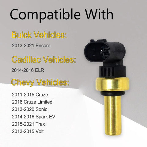 Engine coolant temperature sensor, black plastic top with gold probe; Chevy Cruze/Sonic/Trax compatible.