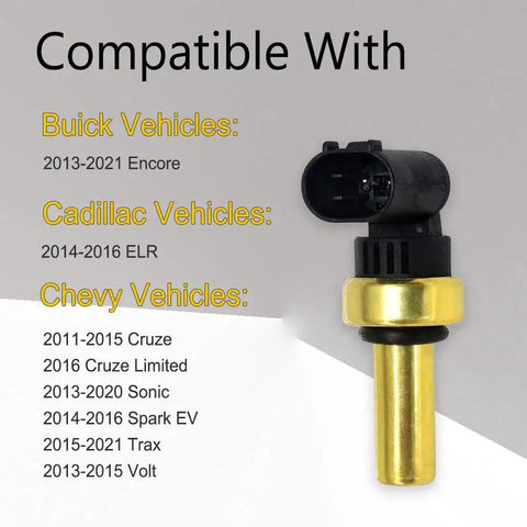 Engine Coolant Temperature Sensor Replacement For GM Chevrolet Cruze Sonic Trax Volt Encore And ELR 55563530 55591401 SU13821 OE Style Plug And Play Water Temperature Sensor Fits 2011 2012 Cruze 2013 2020 Sonic 2015 2021 Trax 2013 2015 Volt 2013 2021 displayed with compatible vehicle list.