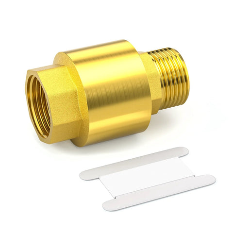 Brass check valve with DN20 3/4 inch BSP female and male threads, one-way backflow preventer for plumbing.
