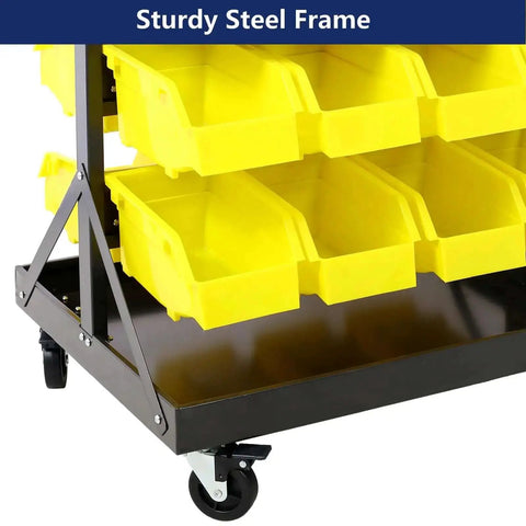 60 Bin Parts Bin Rack For Garage Storage 6 Tier Dual Sided Rolling Steel Shelf 350 lb capacity with plastic bins