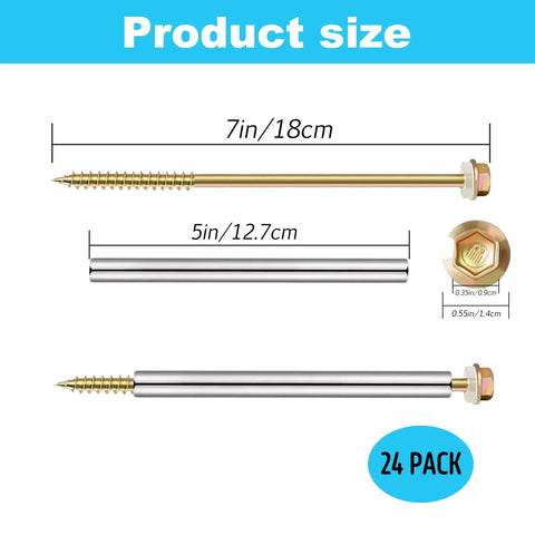 12 Pack 7 Inch Gutter Screws With Stainless Steel Sleeves For 5 Inch Roof Gutter Repair White Durable Nails With Installation Kit Included For DIY Gutter Maintenance And Replacement, showing product size and dimensions.