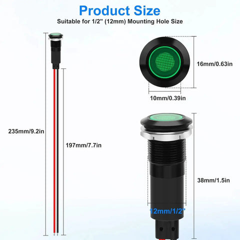 Four Pack 12mm LED Indicator Lights IP67 Waterproof Signal Lamps dimensions and close-up, 12mm panel mount green light with wires.