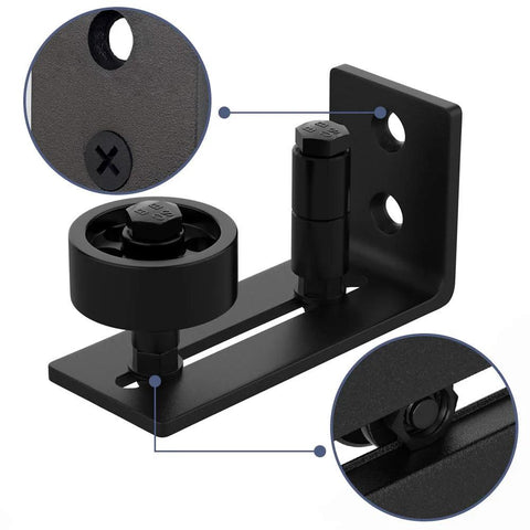Flush Floor Sliding Barn Door Roller Guide Set With Wall Mounted Hardware, Adjustable Stay Rollers, black steel base