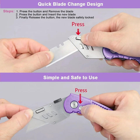 Demonstration of Folding Utility Knife With Quick Change SK5 Blades Axis Lock Aluminum Handle showing blade replacement steps