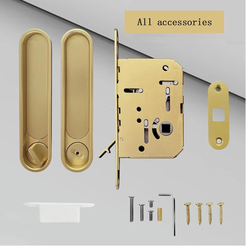Pocket Door Lock Hardware With Pull Inconspicuous Sliding Door Handle Recessed Lock For Furniture Gold Zinc Alloy Electroplated Brushed Finish Rust Resistant Durable Ideal For Hidden Sliding Doors In Closets And Cabinets Durable Zinc Alloy Construction laid out on a surface.