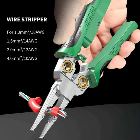 Green wire crimping and stripping tool in use, showing wire sizes; Eight In One Wire Crimping And Stripping Tool With Voltage Detector And Dual Alarms