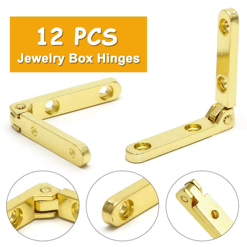 Gold 12 Pack Mini Jewelry Box Hinges 90 Degree Zinc Alloy With Screws, 1.18 Inch Square 0.23 Inch Thick, front and side view