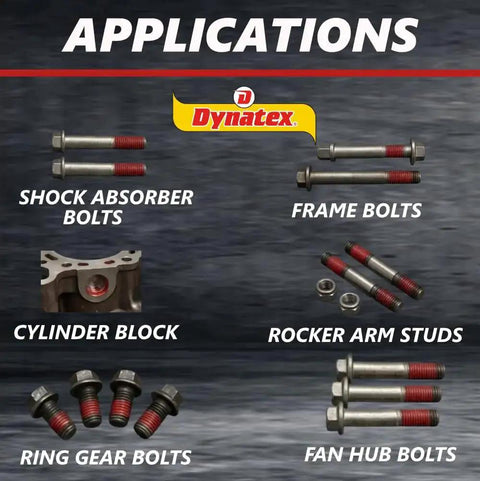 Dynatex applications showing shock absorber, frame, ring gear, fan hub bolts, and rocker arm studs with thread locker