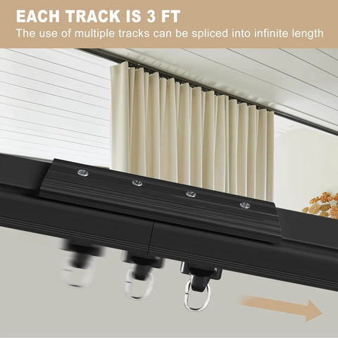 Heavy Duty Ceiling Curtain Track System For Room Divider And Wall Mounted Sliding Curtain Rail With Clips And Hooks For Living Room Bedroom Shower And Outdoor Use Aluminum Alloy Weather Resistant 6 To 9 Feet Black, close-up of aluminum track with curtains.
