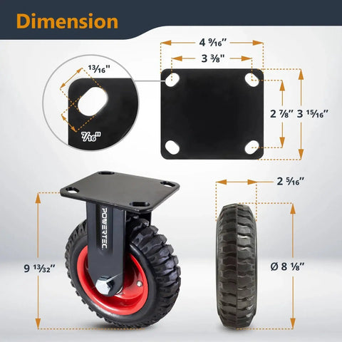 Dimensions of 8 Inch Caster Wheels Set Of 4 With 2 Swivel And 2 Fixed Heavy Duty Casters Rubber Knobby Tread All Terrain shown