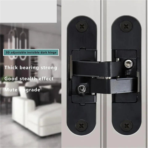 Hidden Cross Hinge For Invisible Doors With Three Dimensional Adjustable Mechanism 180 Degree Flat Folding Wooden Door Hardware Left Large Model Easy Install Concealed Pivot System One Color Finish Durable Interior Room Divider Solution shown in close-up view, highlighting its 3D adjustability and concealed design in a modern room setting.