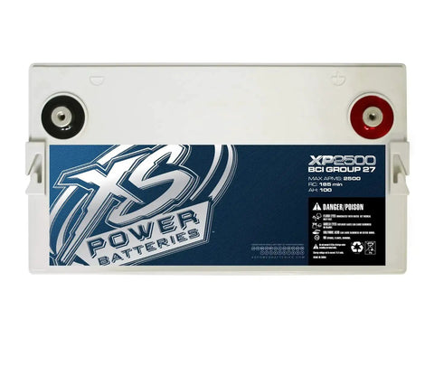 Front view of XP Series 12V 2500 Amp AGM Supplemental Battery With M6 Terminal Bolt, showcasing battery terminals and label design.