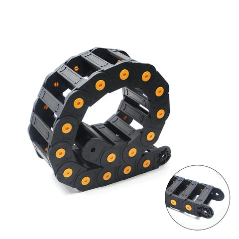 R100 Open Cable Drag Chain Carrier for CNC machines, 1 meter long, 35x100mm, openable design, black with orange connectors, linked chain view