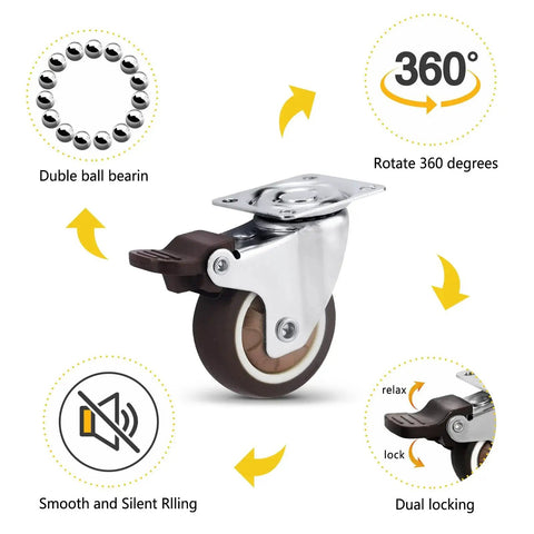 Close-up of 2 Inch Heavy Duty Swivel Casters Set Of 4 For Furniture Cribs And Workbenches 300 Lb Total Capacity with brake.