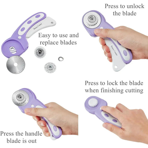 All In One 45mm Rotary Cutter Set With 5 Extra Blades, shown in various angles demonstrating usage in purple.