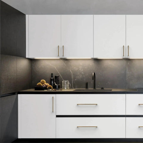 Modern kitchen with white cabinets featuring 10 Pack 5 Inch Vintage Antique Brass Cabinet Pulls for kitchen cabinets and dressers.