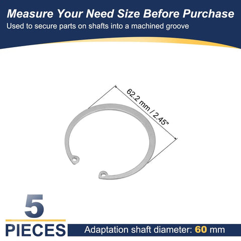 60mm ID Internal Retaining Rings 5 Pcs E Clip Circlip Snap Ring Set from 304 Stainless Steel for automotive valves bearings