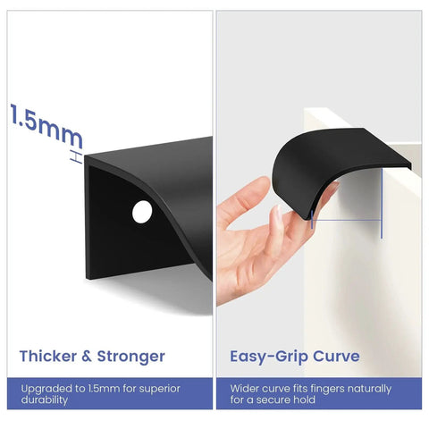 Close-up of 12 Pack 5 Inch Black Cabinet Pulls Edge and Finger Drawer Handles showing curved grip and 1.5mm thickness.